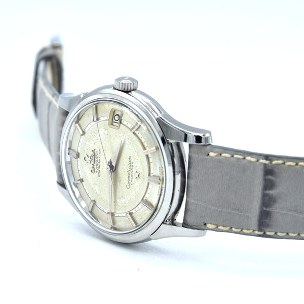 1959 Omega Constellation Chronometer Calendar Early Rare 'Railtrack' Model 14393 with two tone Patina Dial in stainless steel