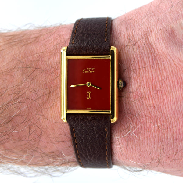 1970s Cartier Tank Mechanical with Laquer 'Ox Blood' Burgundy Dial in 925 case + Buckle & Box