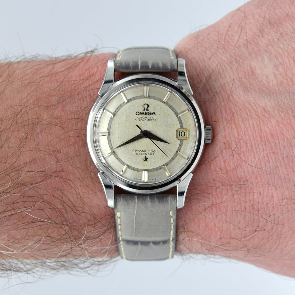 1959 Omega Constellation Chronometer Calendar Early Rare 'Railtrack' Model 14393 with two tone Patina Dial in stainless steel