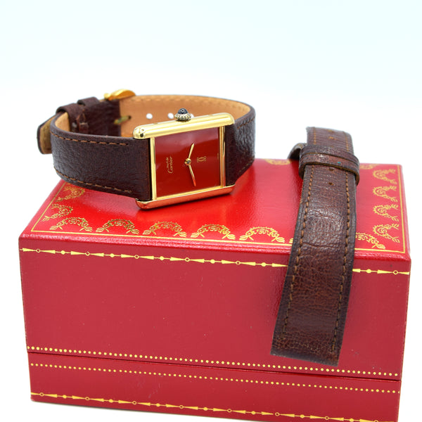 1970s Cartier Tank Mechanical with Laquer 'Ox Blood' Burgundy Dial in 925 case + Buckle & Box