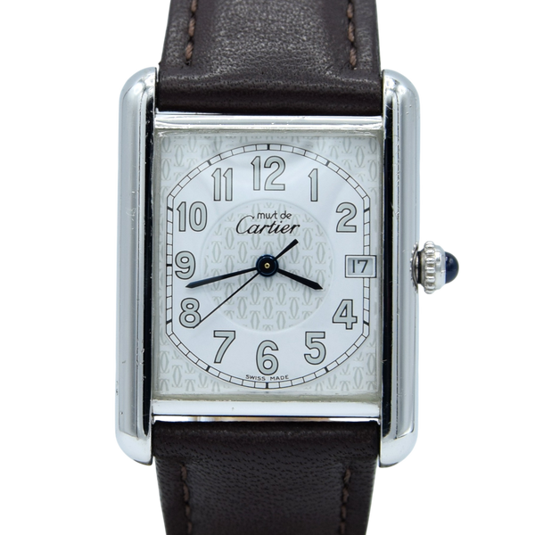 2000s Large Cartier Tank Date with Arabic Numerals Model 2414 in Silver with Deployment Clasp & Box