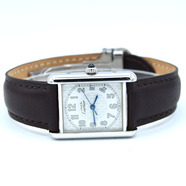 2000s Large Cartier Tank Date with Arabic Numerals Model 2414 in Silver with Deployment Clasp & Box