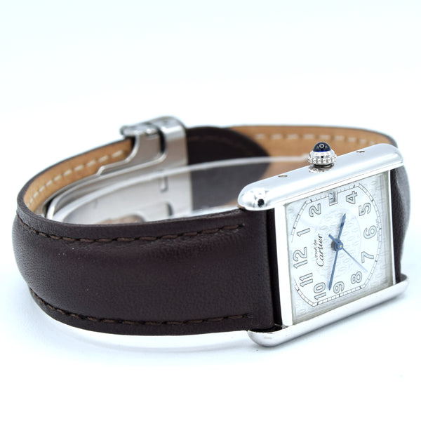 2000s Large Cartier Tank Date with Arabic Numerals Model 2414 in Silver with Deployment Clasp & Box