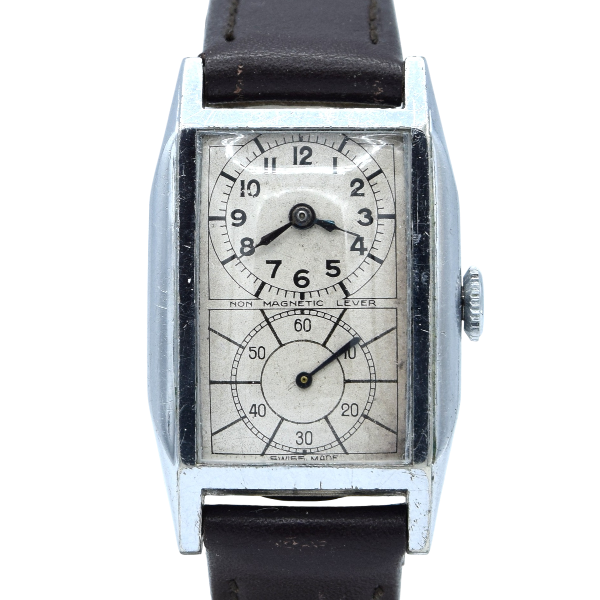Doctors Stylewatch 1930s chrome tank Deco style Doctors Duo Dial Wristwatch with sunburst ...