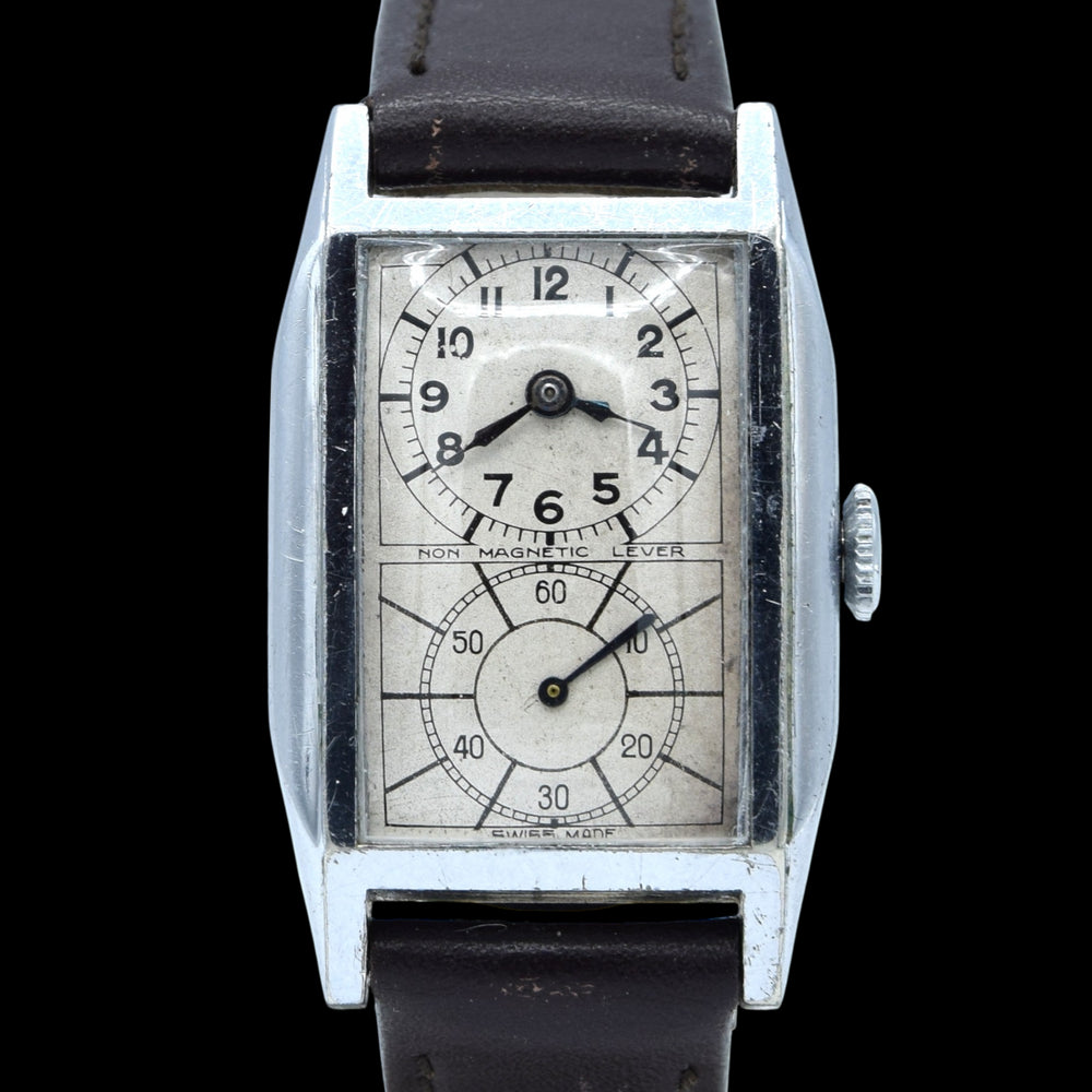 1930s chrome tank Deco style Doctors Duo Dial Wristwatch with sunburst sub seconds