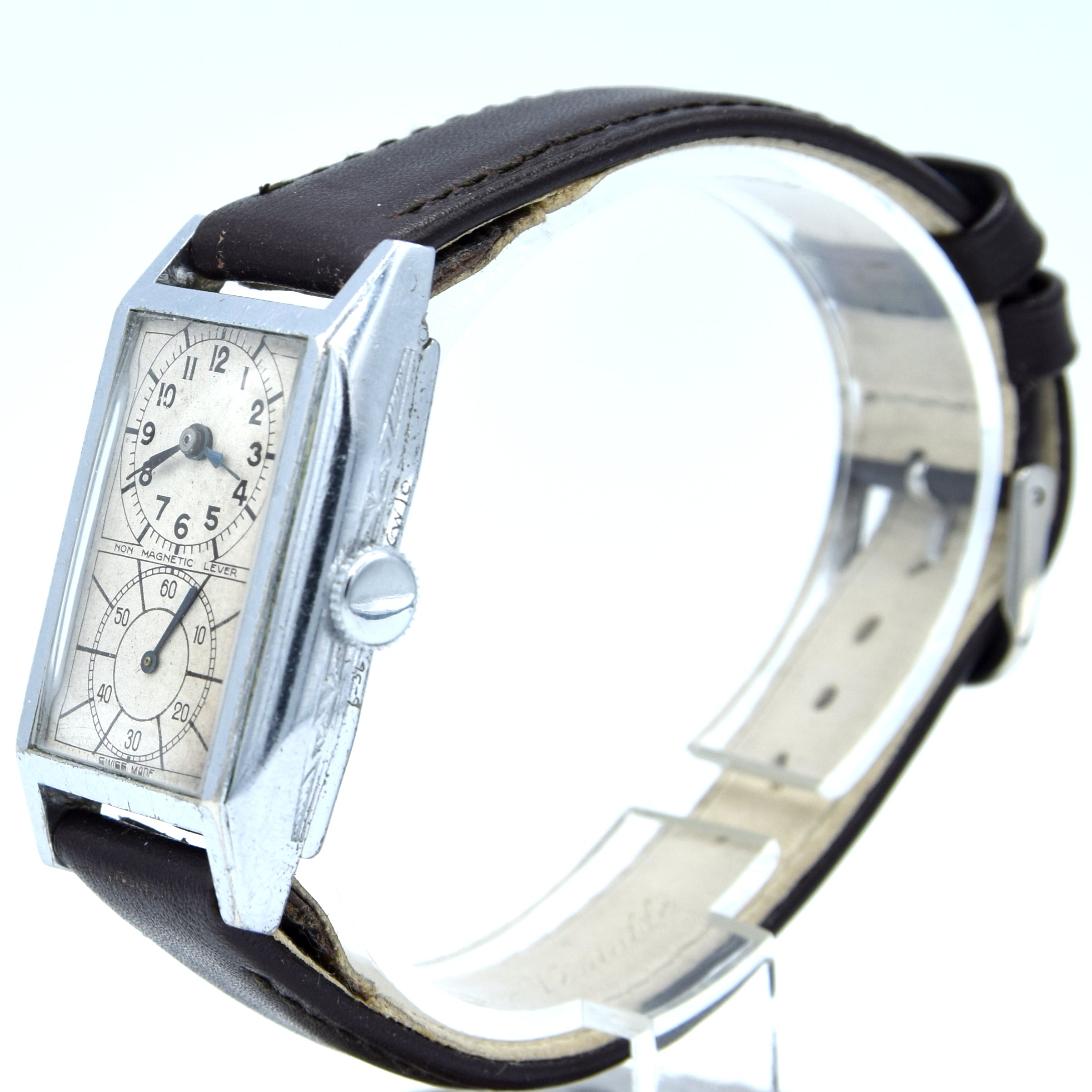 Doctors Stylewatch 1930s chrome tank Deco style Doctors Duo Dial Wristwatch with sunburst ...