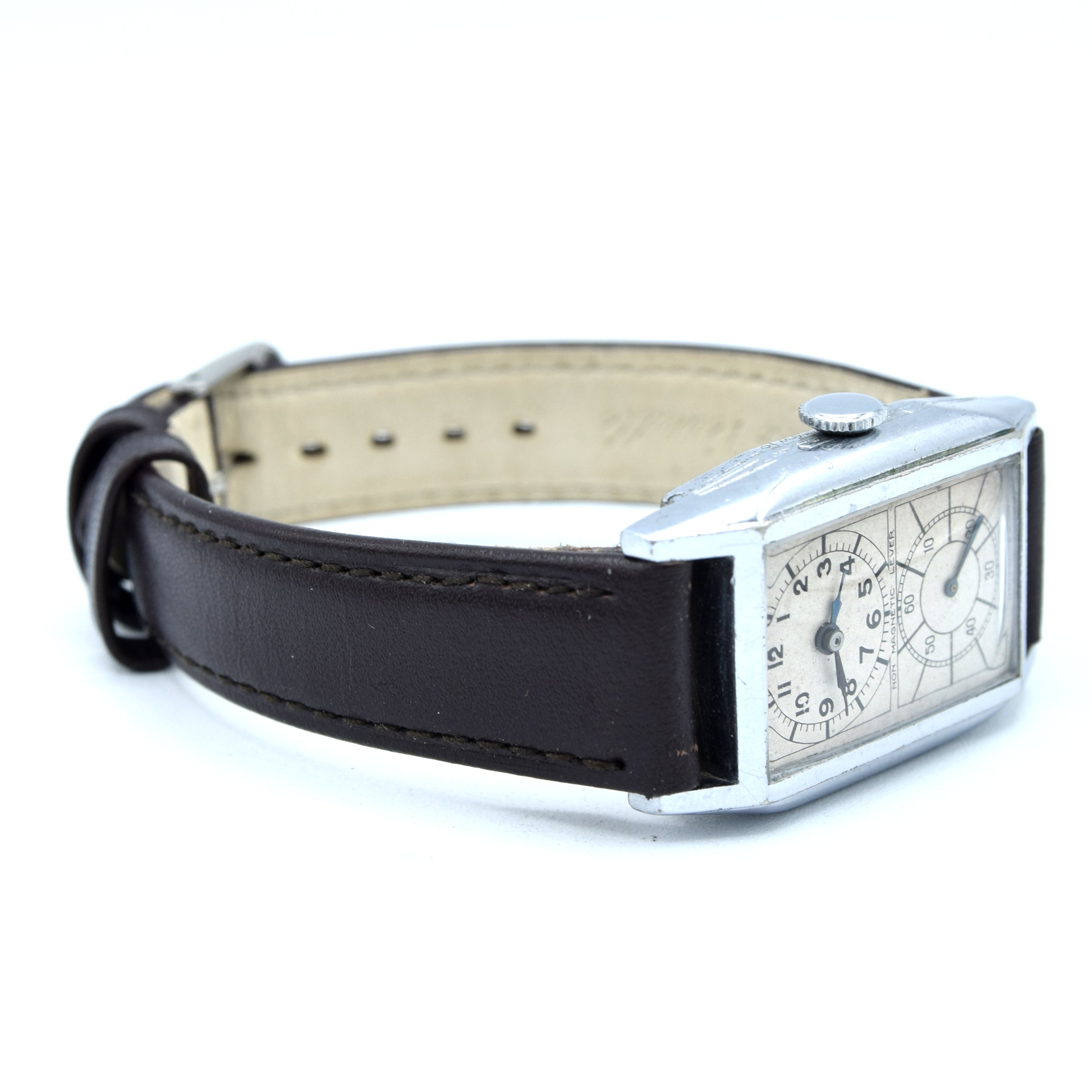 Doctors Stylewatch 1930s chrome tank Deco style Doctors Duo Dial Wristwatch with sunburst ...