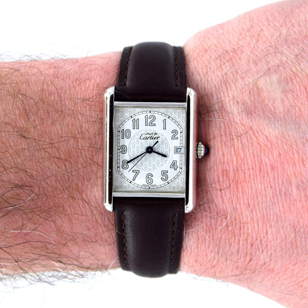 2000s Large Cartier Tank Date with Arabic Numerals Model 2414 in Silver with Deployment Clasp & Box