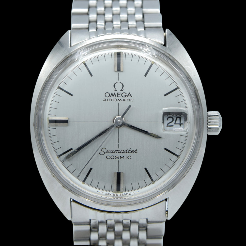1968 Omega Seamaster Cosmic Date Model 166.023 Cross-Hair Dial Steel Monocoque Case on flat BOR