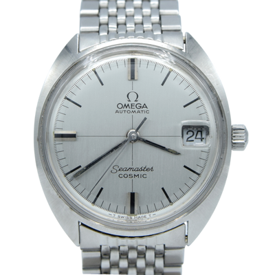 1968 Omega Seamaster Cosmic Date Model 166.023 Cross-Hair Dial Steel Monocoque Case on flat BOR