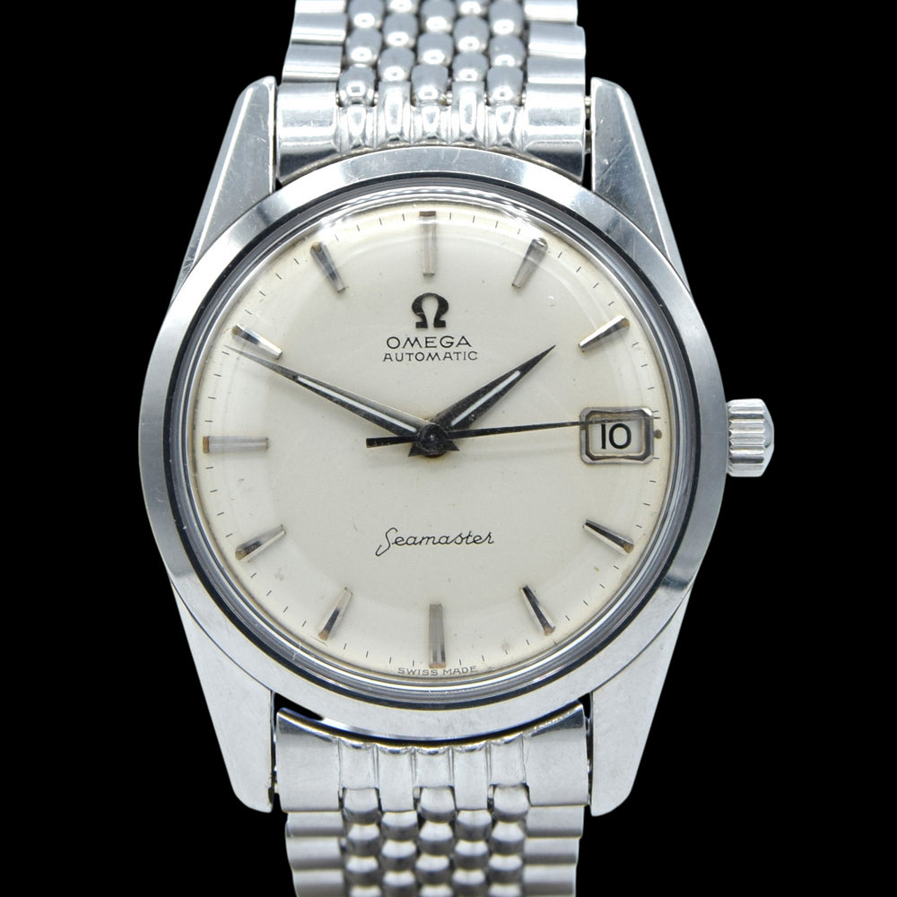 1959 Omega Seamaster Automatic Date Wristwatch Model 14710 with Original Off-White Dial in Stainless Steel + Box