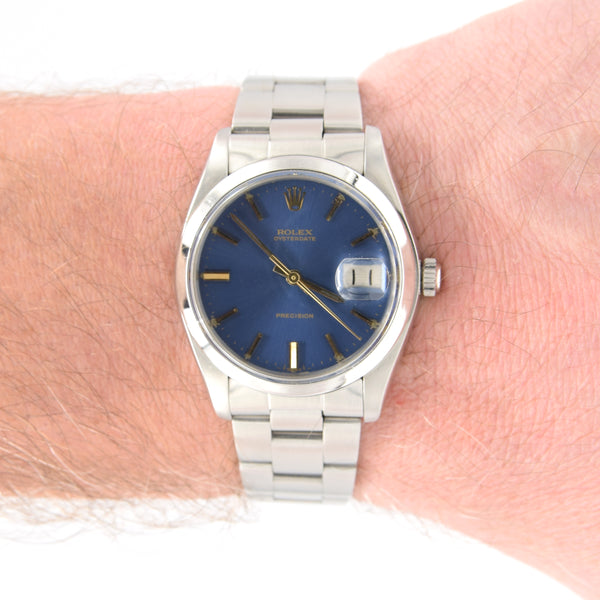 1981 Rolex Oyster Date Precision Classic Model 6694 with Stunning Blue satin Dial and gold Markers in Stainless Steel