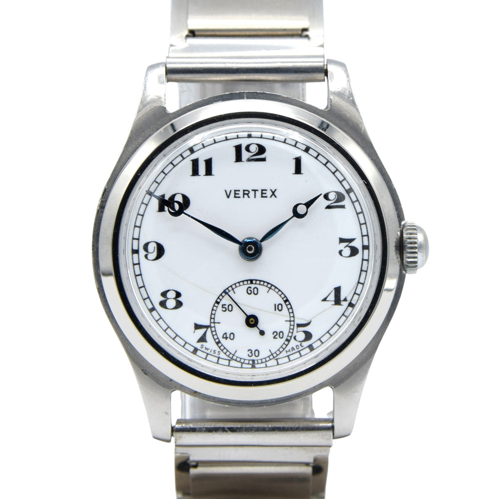 1930s Vertex of London unusual Wristwatch with white enamelled dial in steel English Made Case