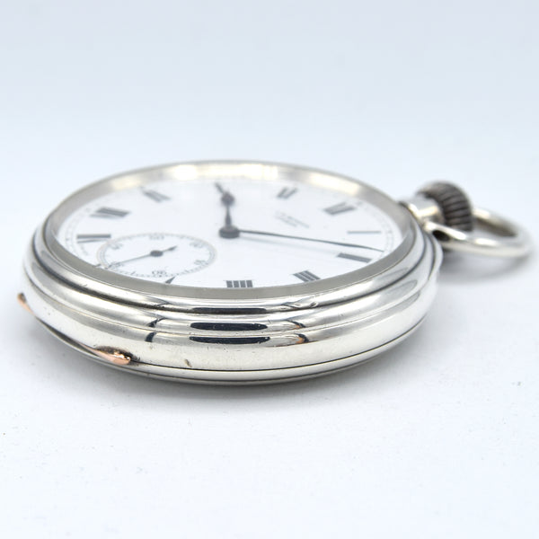1908 Jw Benson retailed solid sterling silver open faced topwind pocketwatch by longines