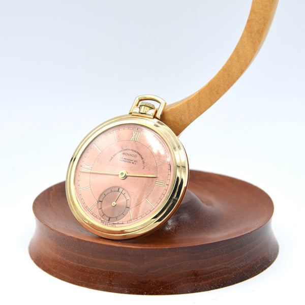 1938 Movado Ultra slim Solid 9ct Gold Art Deco Pocket Watch, Retailed by The Goldsmiths & Silversmiths Co. Ltd