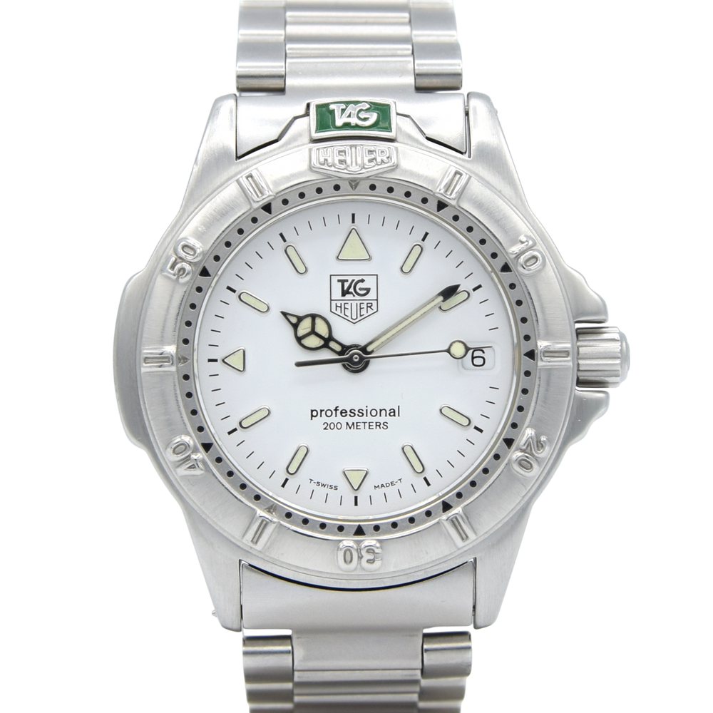 1990s TAG Heuer Date 4000 Series Polar white  WF1212-KO - 34mm Stainless Steel on Flip-Lock Bracelet