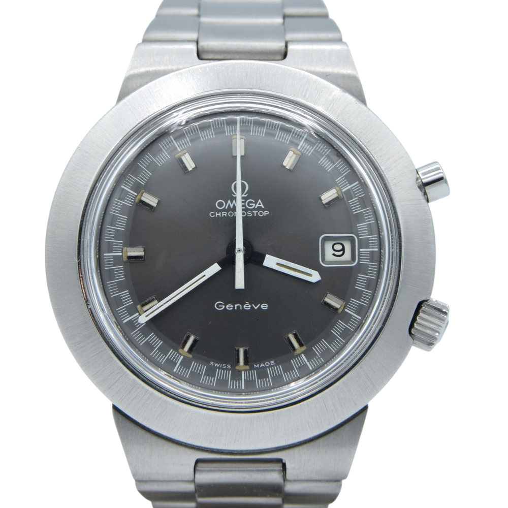 1969 Omega Rare Jumbo ufo "Chronostop Fontana Pentatlon" Geneve with Grey Racing Dial Model 146.012 on Bracelet