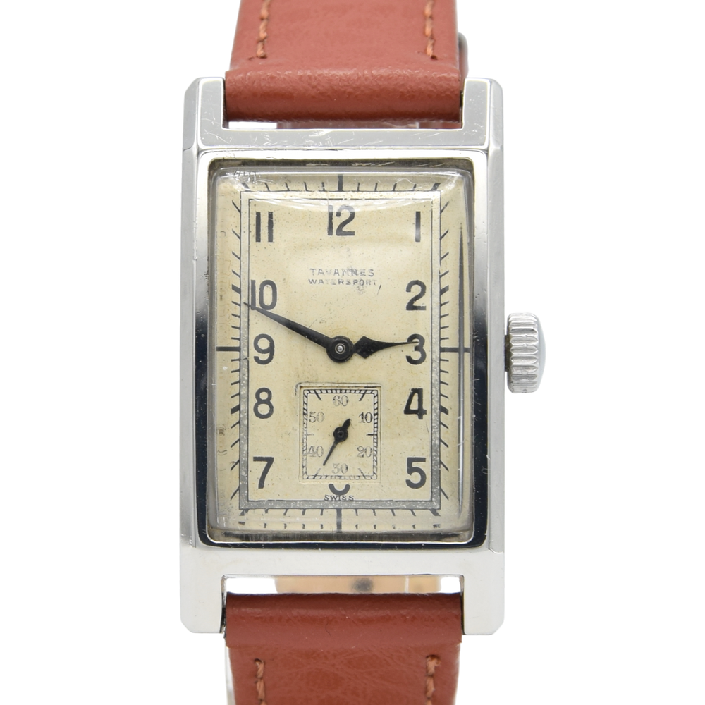 1940 Cyma Tavannes waterspoot Rectangular Early Waterproof Patent Deco Wristwatch with Arabic Dial in steel
