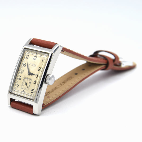 1940 Cyma Tavannes waterspoot Rectangular Early Waterproof Patent Deco Wristwatch with Arabic Dial in steel