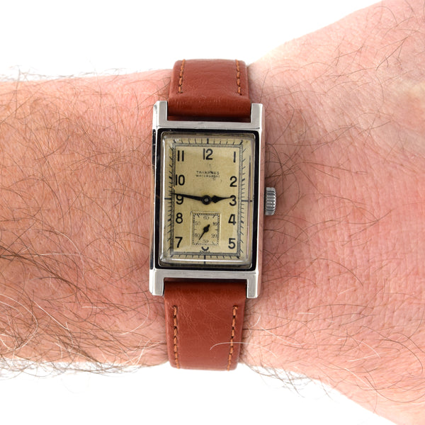 1940 Cyma Tavannes waterspoot Rectangular Early Waterproof Patent Deco Wristwatch with Arabic Dial in steel
