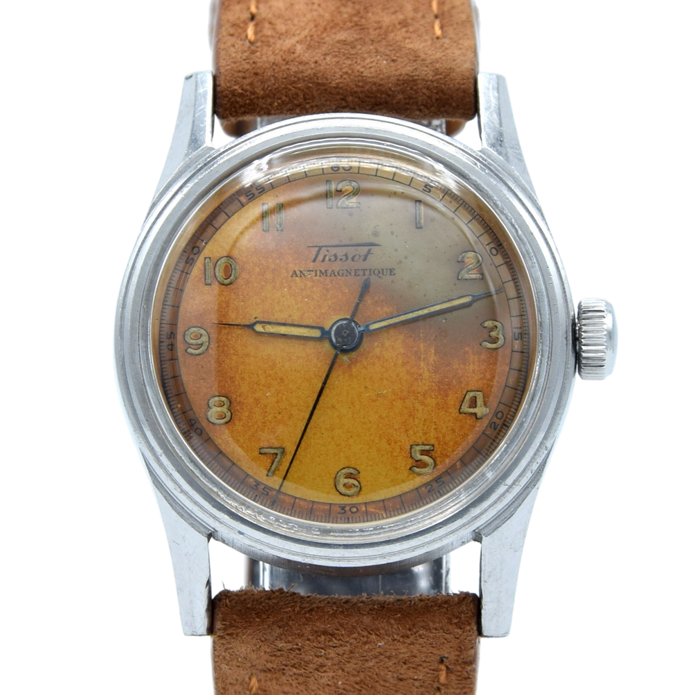 1943 Tissot Antimagnetique Manual Wind Wristwatch all Arabic with Original Patina dial WW2