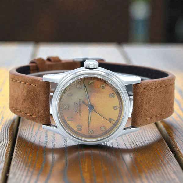 1943 Tissot Antimagnetique Manual Wind Wristwatch all Arabic with Original Patina dial WW2
