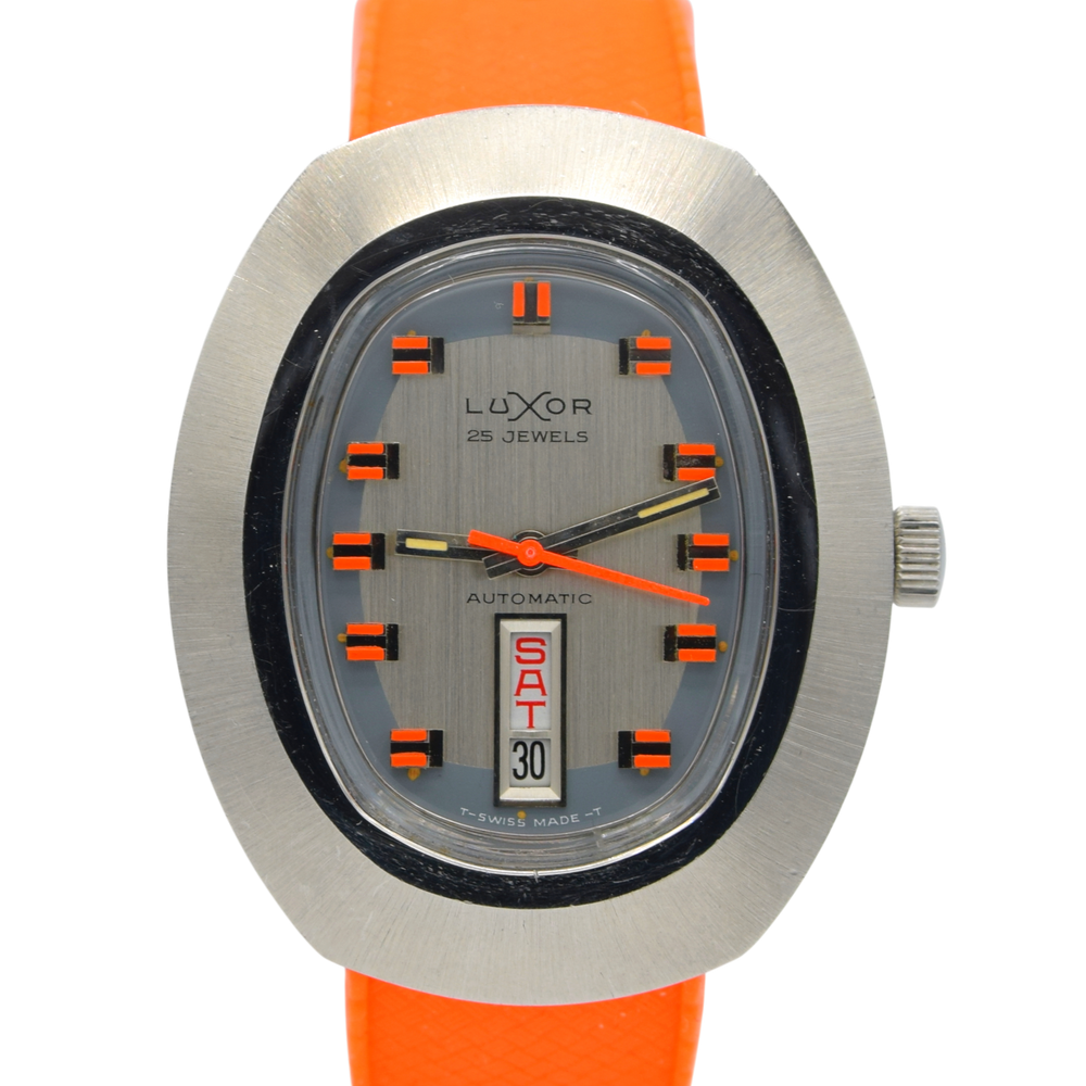 1970s luxor Day Date auto watch - TV Case - Automatic Day-Date Swiss ETA, Orange retro Racing Dial