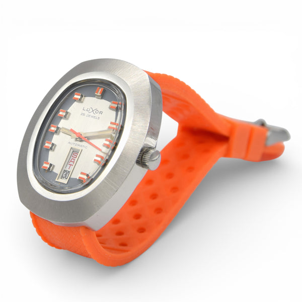 1970s luxor Day Date auto watch - TV Case - Automatic Day-Date Swiss ETA, Orange retro Racing Dial