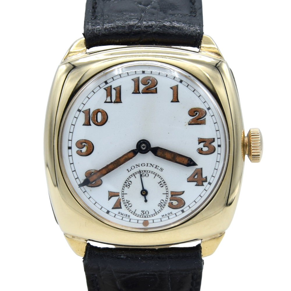 1941 Classic Military style Longines solid 9ct gold cushion Watch with rare Enamel Dial and Arabic Numerals