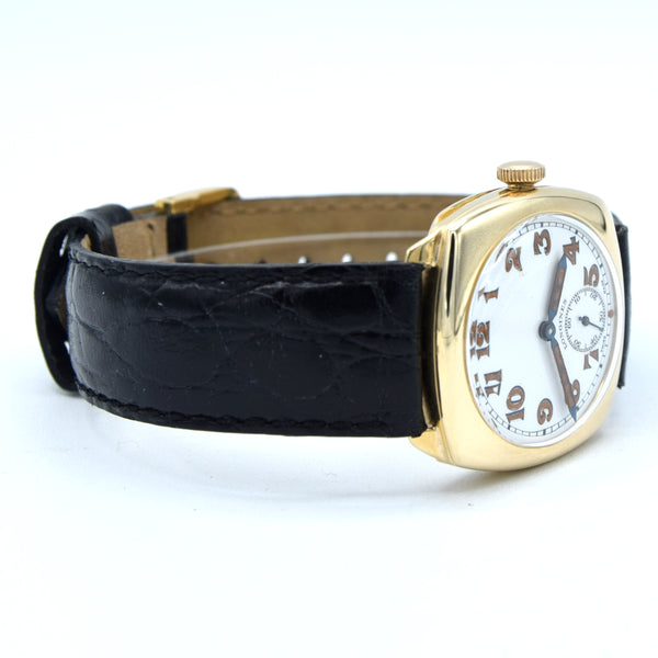 1941 Classic Military style Longines solid 9ct gold cushion Watch with rare Enamel Dial and Arabic Numerals