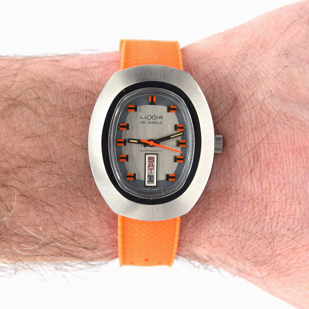 1970s luxor Day Date auto watch - TV Case - Automatic Day-Date Swiss ETA, Orange retro Racing Dial