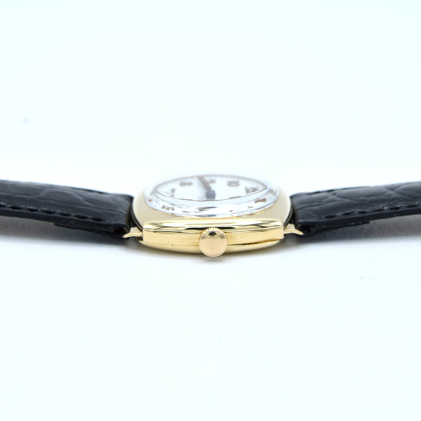 1941 Classic Military style Longines solid 9ct gold cushion Watch with rare Enamel Dial and Arabic Numerals