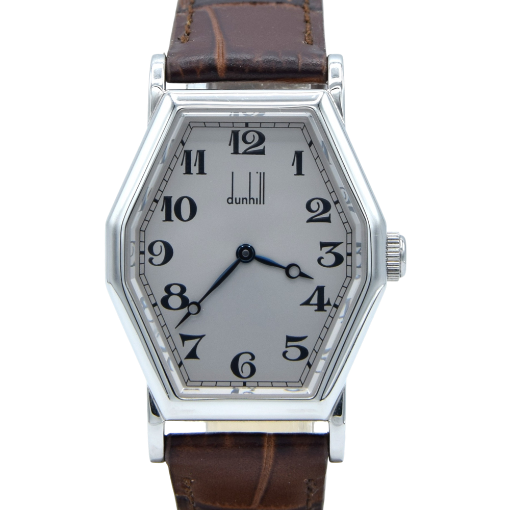 1990s Alfred Dunhill 114 'Octagonal' swiss Mechanical Wristwatch with silvered Dial on leather + Buckle