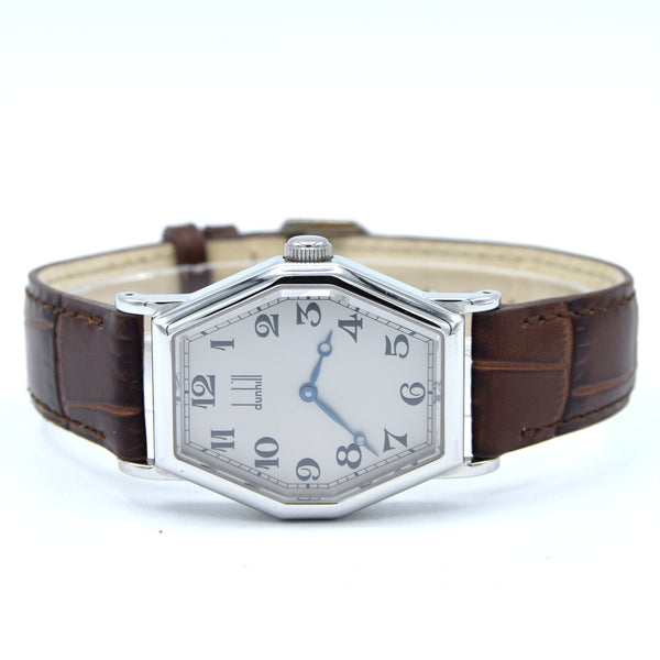 1990s Alfred Dunhill 114 'Octagonal' swiss Mechanical Wristwatch with silvered Dial on leather + Buckle