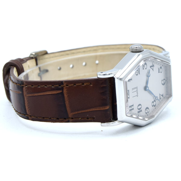 1990s Alfred Dunhill 114 'Octagonal' swiss Mechanical Wristwatch with silvered Dial on leather + Buckle