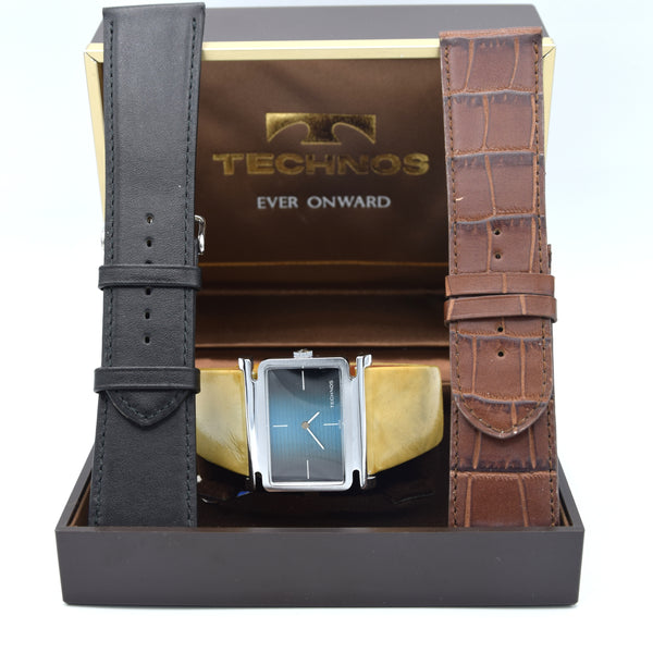 1970s Technos NOS unused Swiss Mechanical Wristwatch With Fumé Blue Dial, Box & Tags
