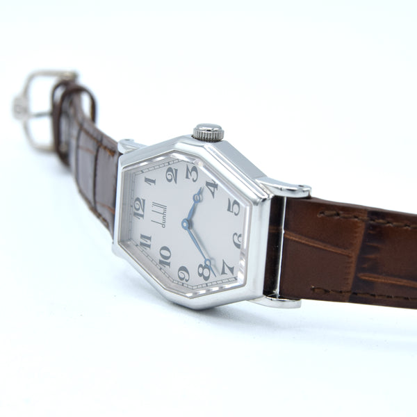 1990s Alfred Dunhill 114 'Octagonal' swiss Mechanical Wristwatch with silvered Dial on leather + Buckle