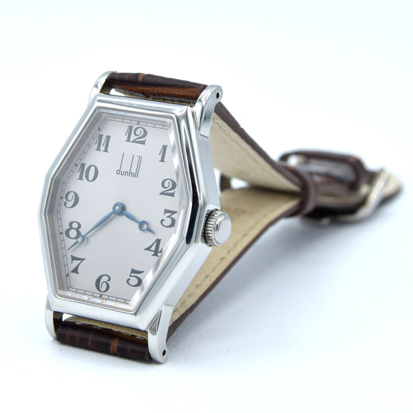 1990s Alfred Dunhill 114 'Octagonal' swiss Mechanical Wristwatch with silvered Dial on leather + Buckle