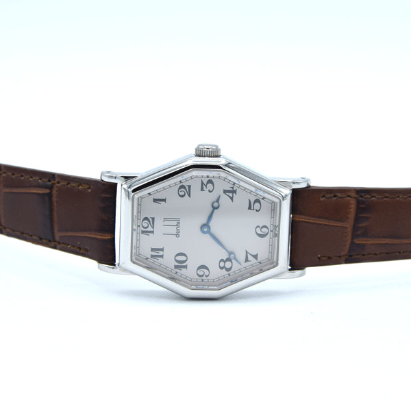1990s Alfred Dunhill 114 'Octagonal' swiss Mechanical Wristwatch with silvered Dial on leather + Buckle