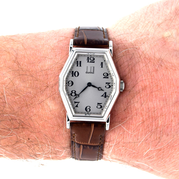 1990s Alfred Dunhill 114 'Octagonal' swiss Mechanical Wristwatch with silvered Dial on leather + Buckle