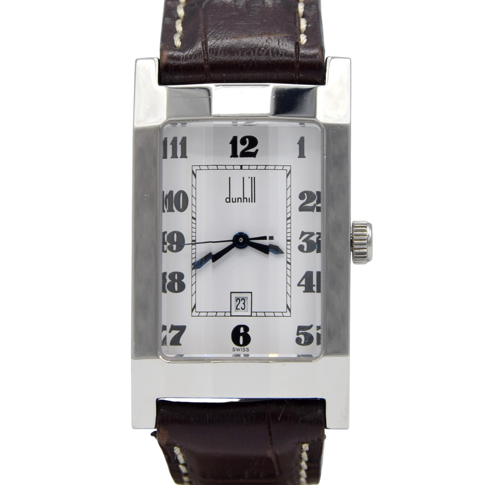 1990s Alfred Dunhill 'Facet' swiss quartz Date Wristwatch with White Roman Dial on leather + Buckle
