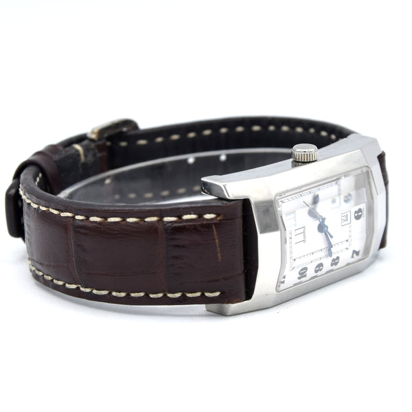 1990s Alfred Dunhill 'Facet' swiss quartz Date Wristwatch with White Roman Dial on leather + Buckle