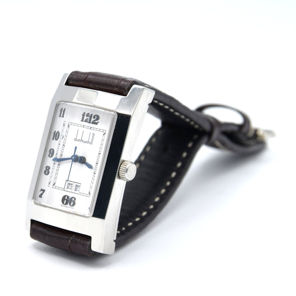 1990s Alfred Dunhill 'Facet' swiss quartz Date Wristwatch with White Roman Dial on leather + Buckle