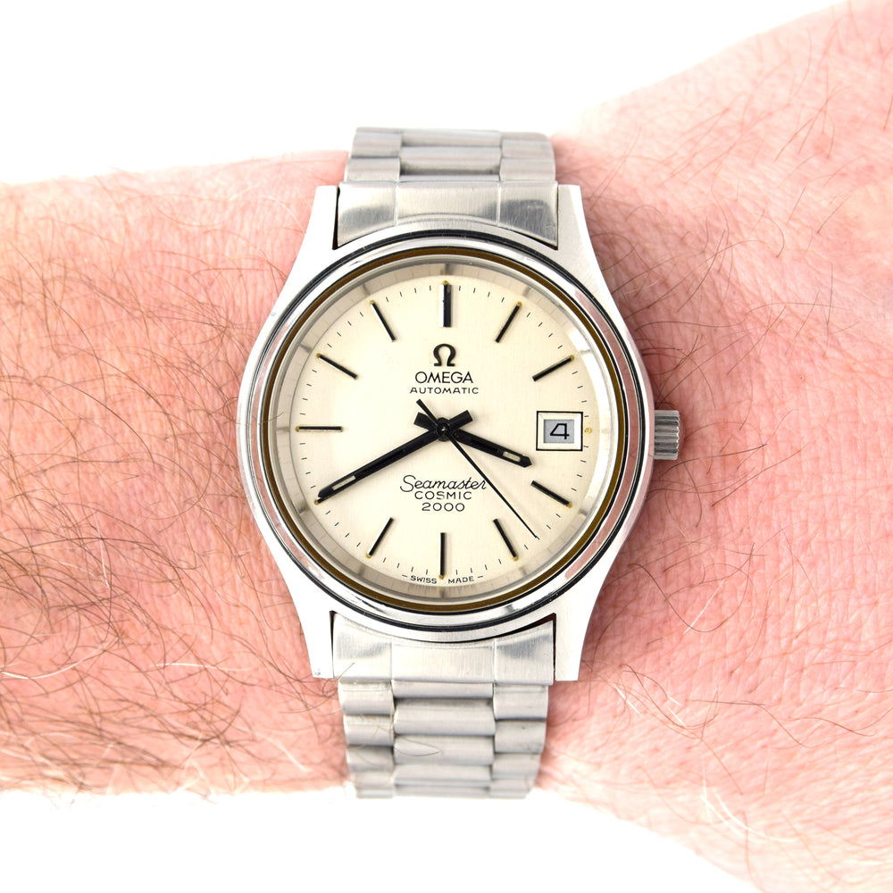 1975 Omega Large Seamaster Cosmic 2000 Automatic Date Model 166.128 with Silvered Dial on Bracelet