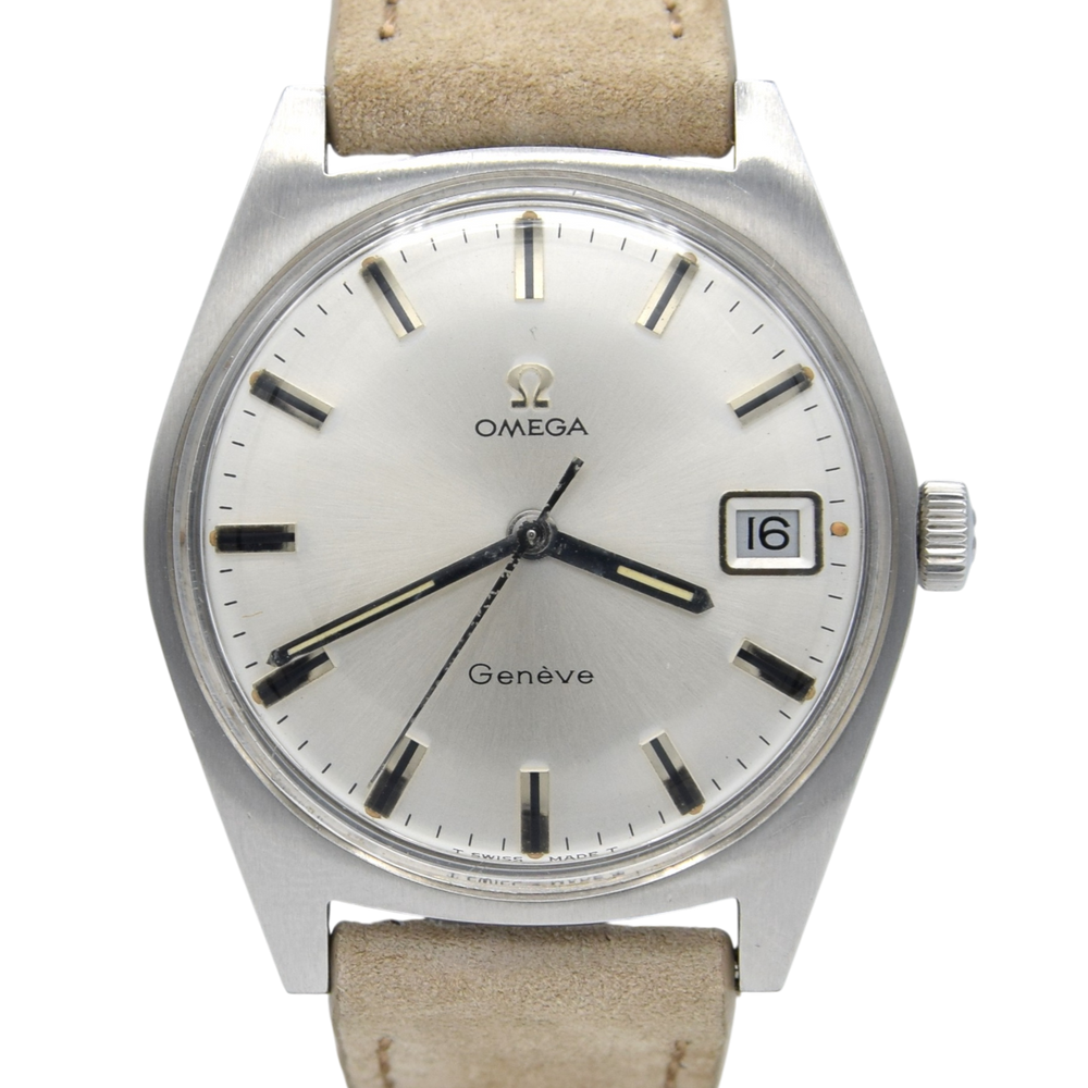 1969 Omega Geneve Date Model 136.041 Manual Wind with onyx style markers sharp & sleek