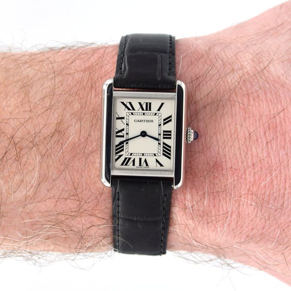 2010 Cartier Tank Solo 3170 Stainless Steel Quartz unisex Watch on Bracelet – White Roman Dial, Blue Hands, Cabochon Crown