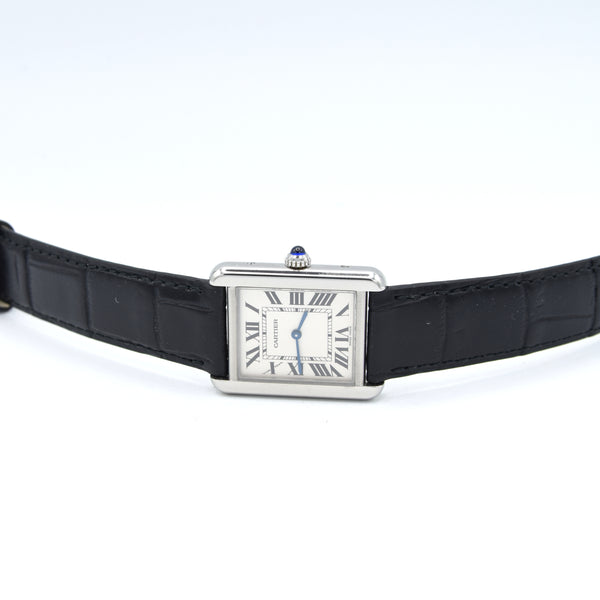2010 Cartier Tank Solo 3170 Stainless Steel Quartz unisex Watch on Bracelet – White Roman Dial, Blue Hands, Cabochon Crown