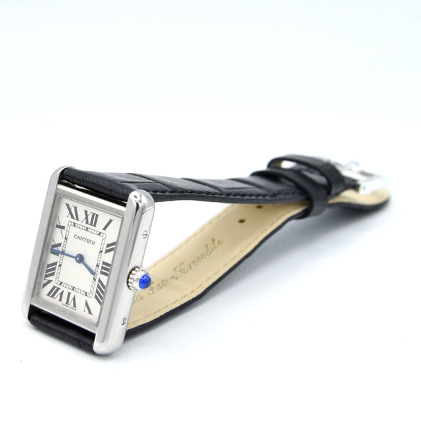2010 Cartier Tank Solo 3170 Stainless Steel Quartz unisex Watch on Bracelet – White Roman Dial, Blue Hands, Cabochon Crown