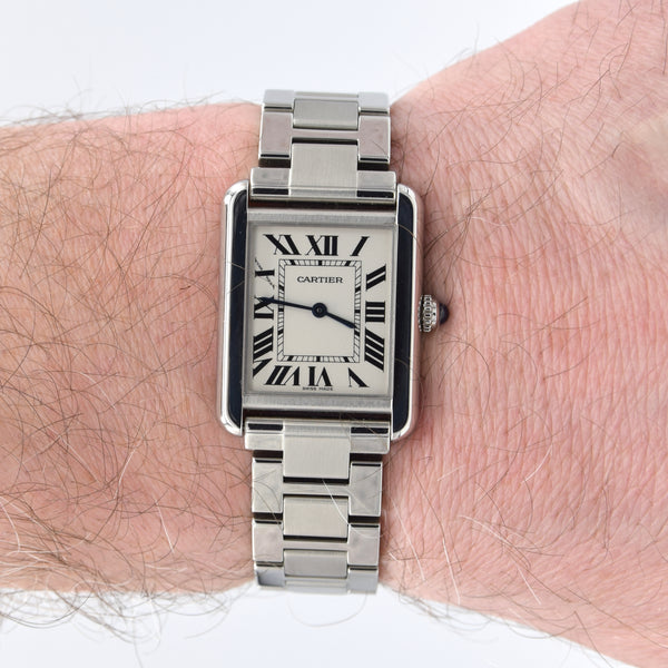 2010 Cartier Tank Solo 3170 Stainless Steel Quartz unisex Watch on Bracelet – White Roman Dial, Blue Hands, Cabochon Crown