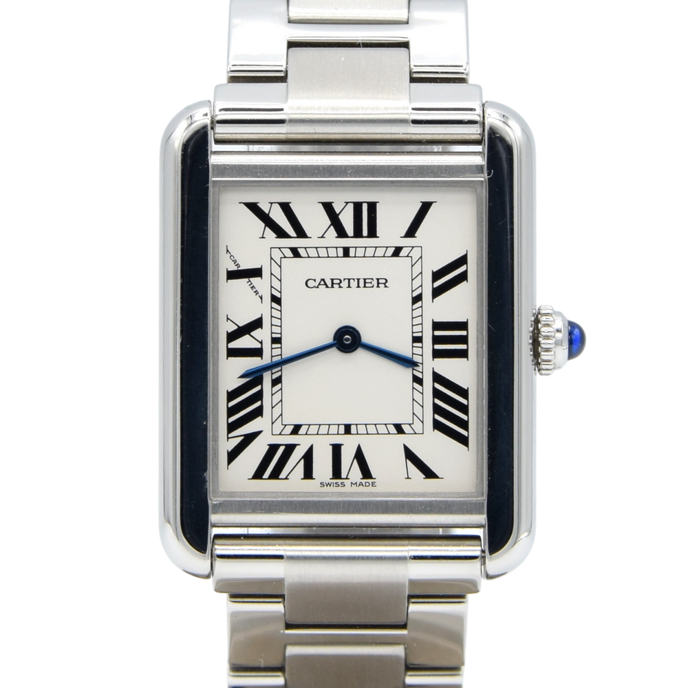 2010 Cartier Tank Solo 3170 Stainless Steel Quartz unisex Watch on Bracelet – White Roman Dial, Blue Hands, Cabochon Crown